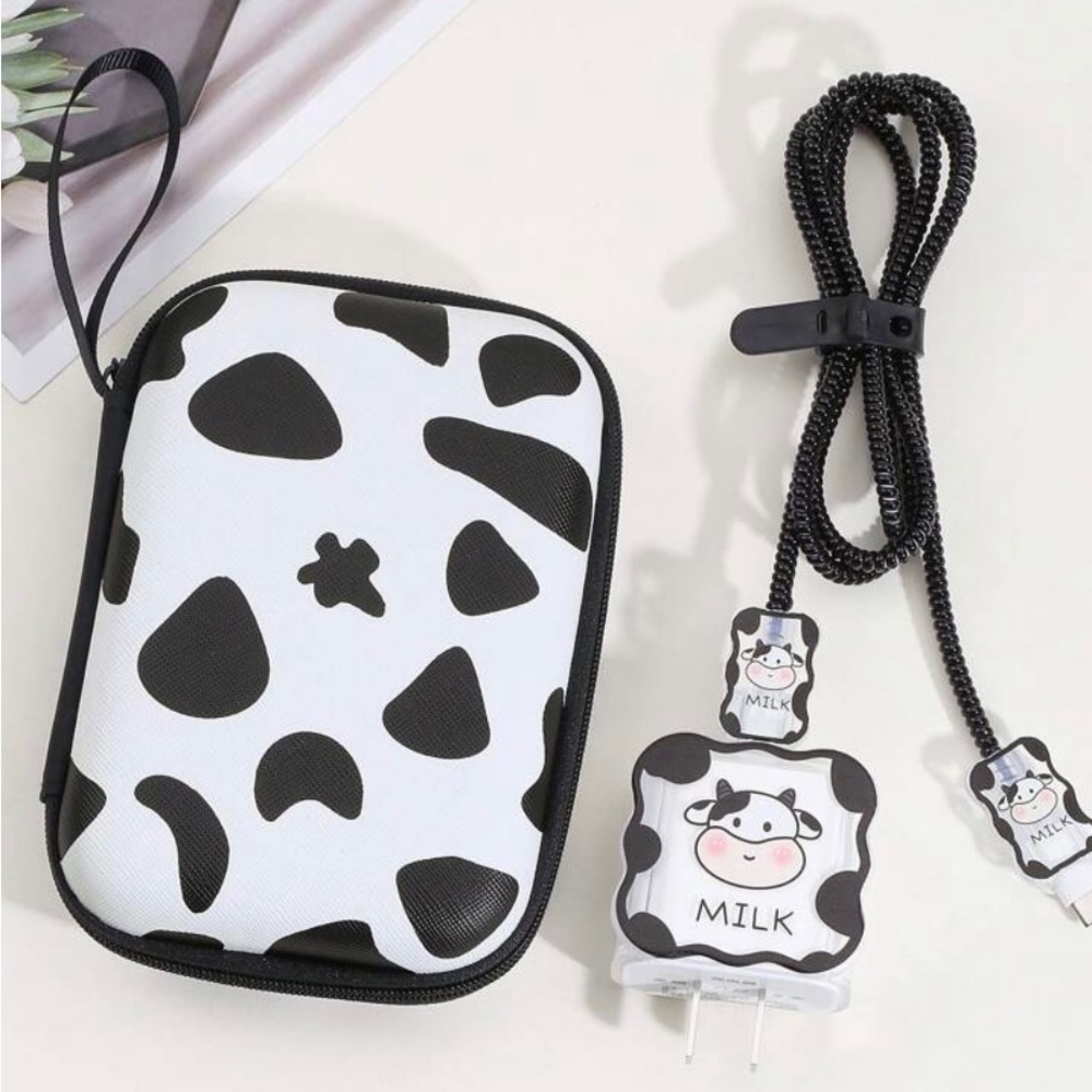 6pcs Cow Pattern TPU Data Cable Protector & Charger Head Cover & Storage Bag Set